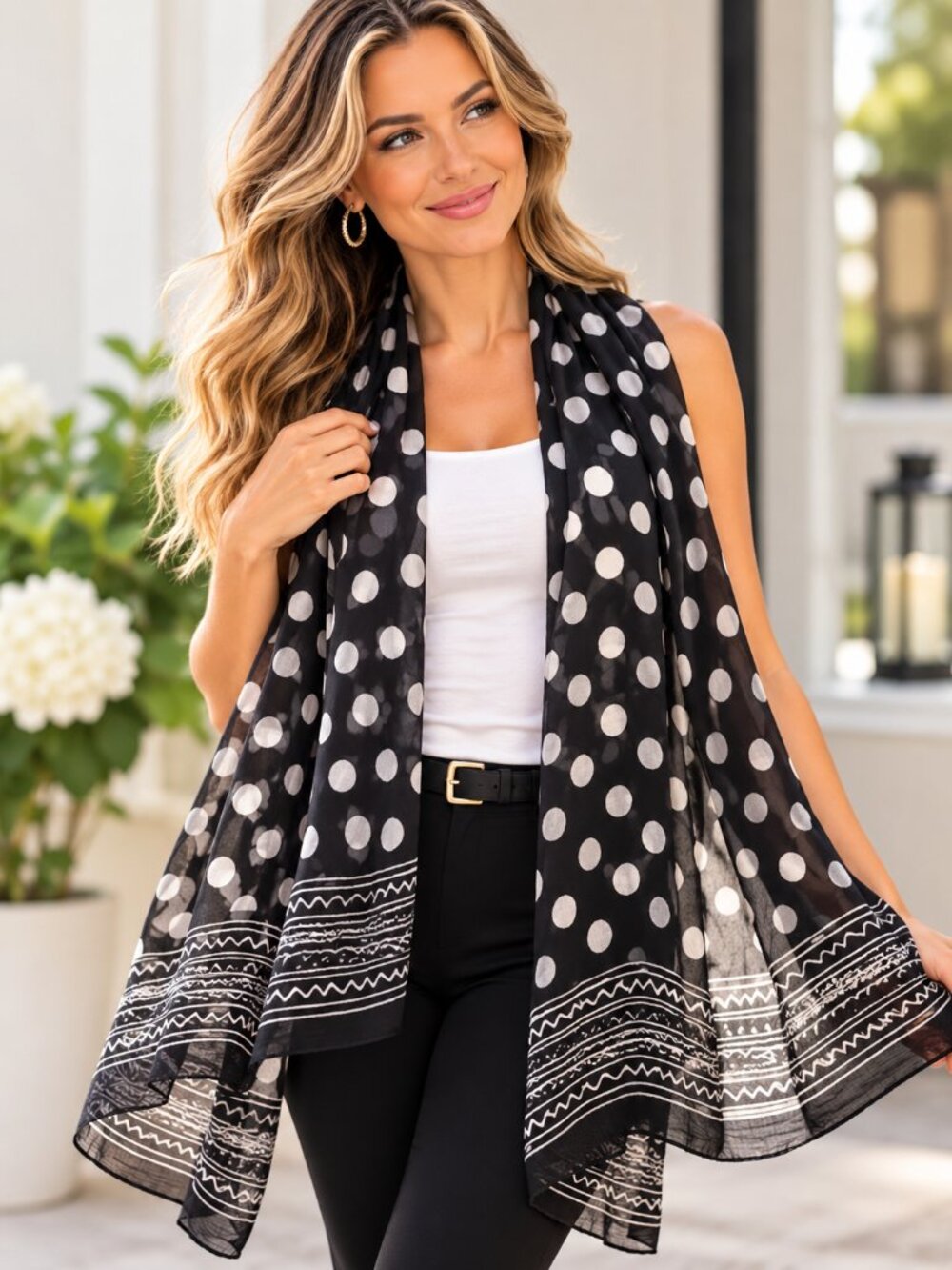 Black White Polka Dot Gauze Scarf Wrap Shawl Lightweight